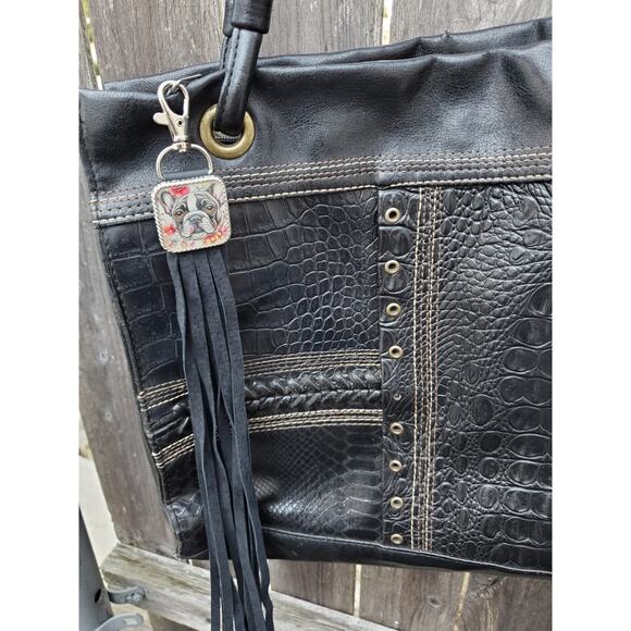 Handmade boho French bulldog Leather Fringe Western bag charm, Long keychain - Picture 2 of 3